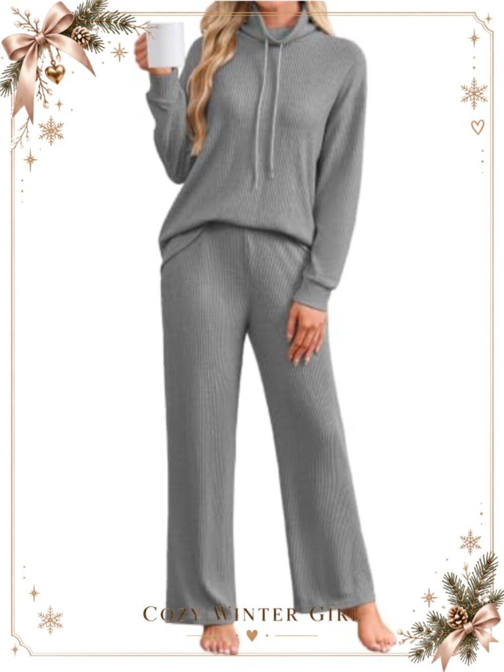 Ribbed Knit Long Sleeve Pajama Set Wide Leg Pockets Loungewear 2 Piece
